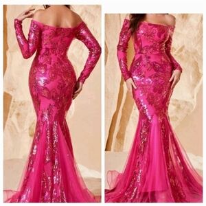 HOT PINK PARTY CONTRAST SEQUINED,  OFF THE SHOULDER,  LONG SLEEVE MAXI M…